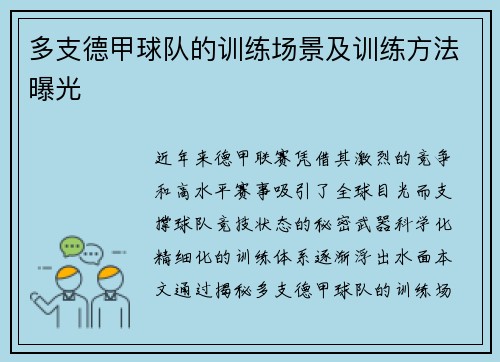 多支德甲球队的训练场景及训练方法曝光