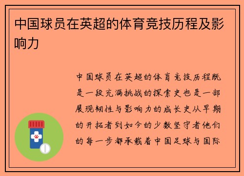 中国球员在英超的体育竞技历程及影响力