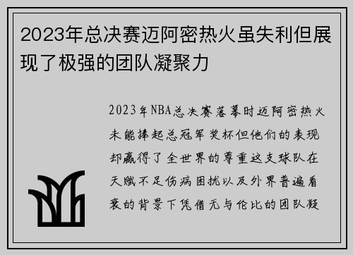 2023年总决赛迈阿密热火虽失利但展现了极强的团队凝聚力