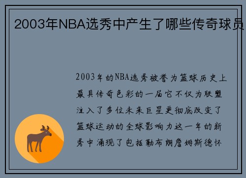 2003年NBA选秀中产生了哪些传奇球员